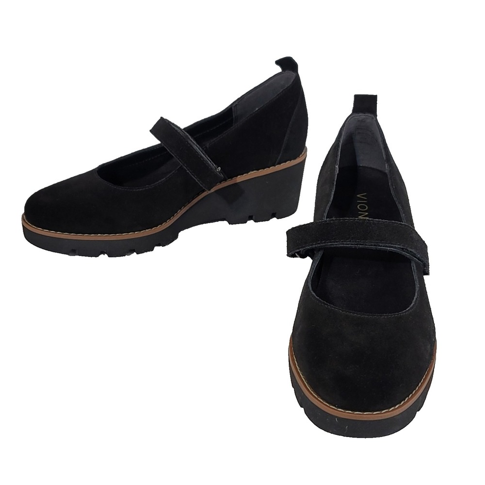 Vionic Alma Black Suede Mary Jane Wedge Platform Heels Size 6 Wide NWOB